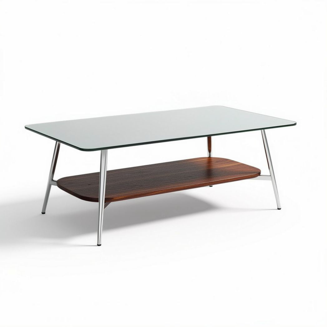 Modern rectangular coffee table with glass top and wooden shelf 120 x 60 x 45cm