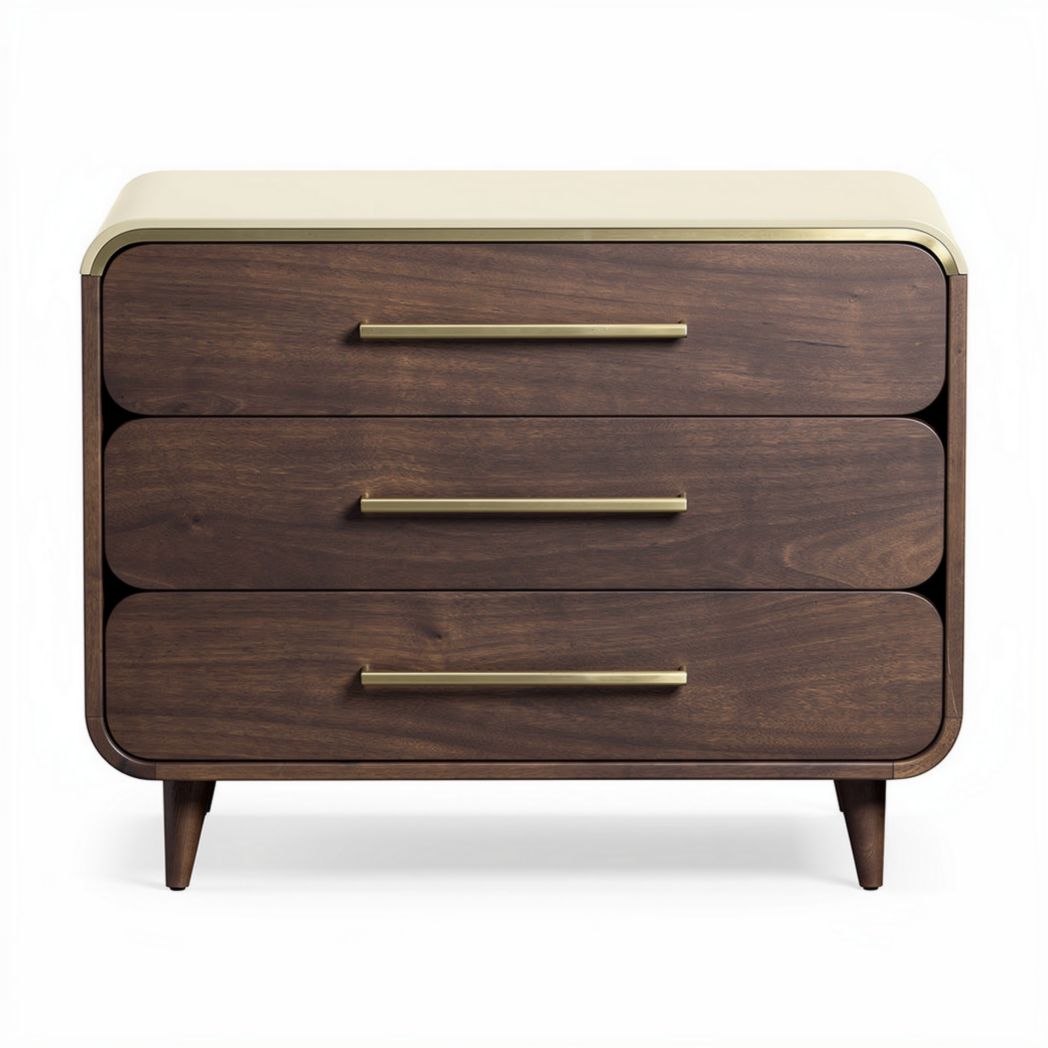 Wooden nightstand with three drawers and brass handles in walnut finish 80 x 40 x 75cm