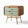 Mid-century modern wooden nightstand with green drawers and gold legs