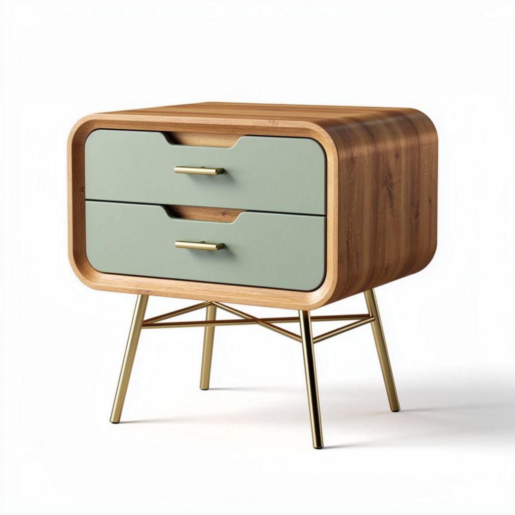 Mid-century modern wooden nightstand with green drawers and gold legs