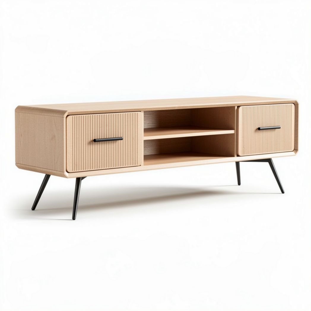 Modern oak tv stand with ribbed doors and metal legs 150 x 40 x 50cm