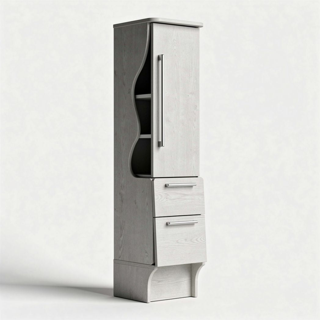 White tall cabinet with shelves and drawers for storage 50 x 30 x 180cm