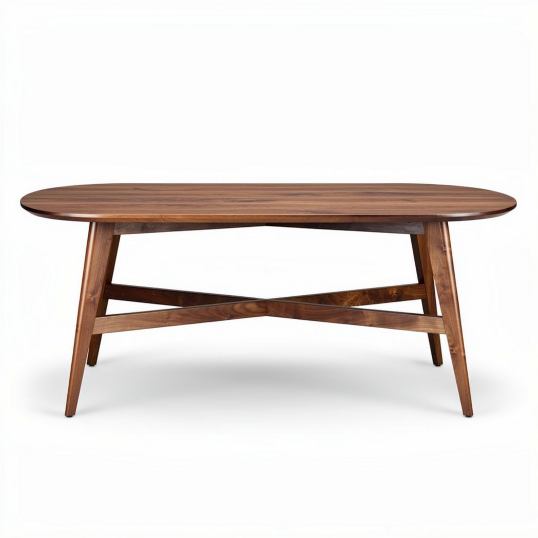 Walnut coffee table with oval top and angled legs 150 x 80 x 75cm